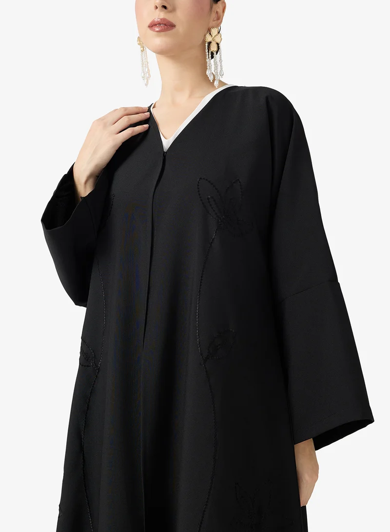 hayas closet  Black Embroidered Abaya With Sheila for Women | Best Price UAE